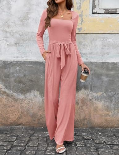 LOOKBOHO One Piece Jumpsuits for Women Dressy Casual Square Neck Elegant Wedding Guest Jumpsuit Wide Leg Long Romper Dusty Pink M - Thumbnail 2