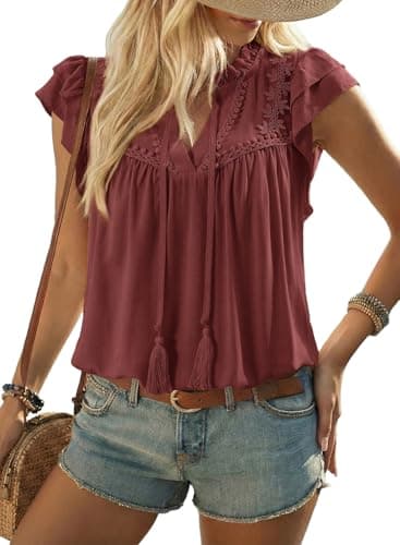 Dokotoo Women's Lace Tassel V Neck Tops Ruffled Sleeve Flared Pleated Blouse Boho Red Shirts Dressy Casual Cute Summer Tops Large - Image 1
