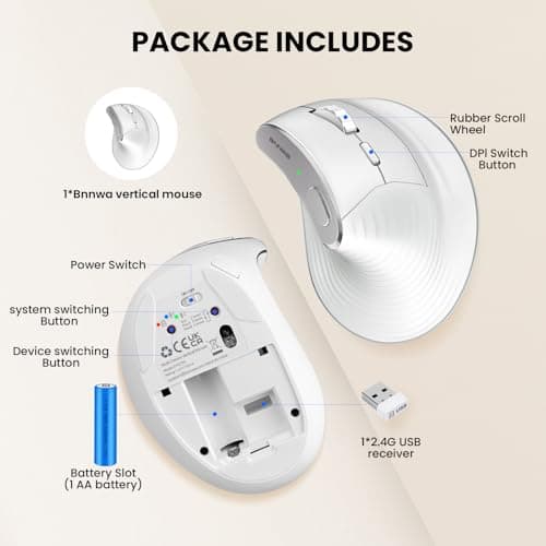 Bnnwa Wireless Vertical Ergonomic Mouse, Multi-Device(Bluetooth + 2.4G Connection), 4 Adjustable DPI, 7 Buttons Computer Mouse for PC, Laptop, Desktop, MacBook - White - Thumbnail 6