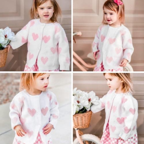 Simplee kids Baby Sweater Heart Printed Toddler Cardigan Valentines Day Outfit White 3-6 Months - Thumbnail 2