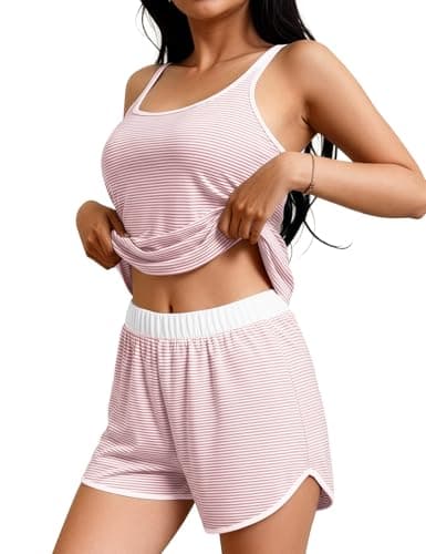 JUSTFASHIONNOW 2 Pieces Womens Striped Tank Top Pajamas Set Soft Sleepwear Sleeveless Cami and Shorts Summer Loungewear Pjs Set(Pink,XX-Large) - Image 1