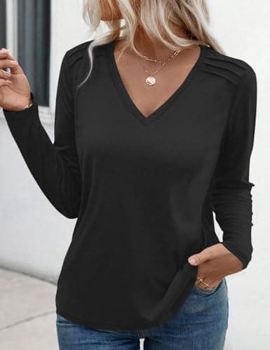 JUSTFASHIONNOW Pleated Long Sleeve Shirts for Women V Neck Dressy Casual Business Blouses Fall Tops 2025 Trendy(Black,XX-Large) - Thumbnail 3