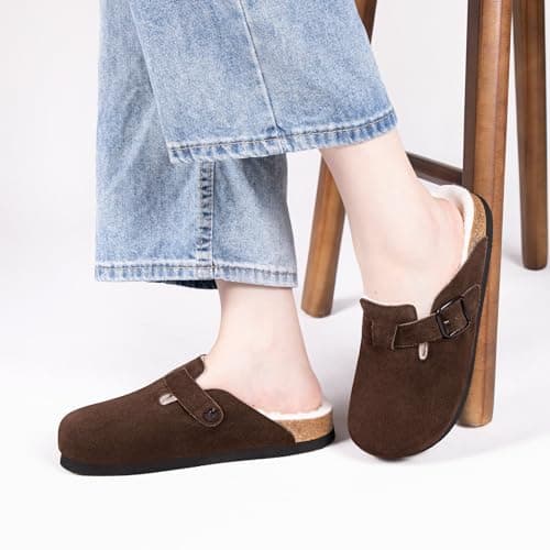 Fuzzy Suede Clogs for Women Fur Lined Leather Mules Soft Non Slip Potato Shoes with Arch Support Coffee - Thumbnail 2