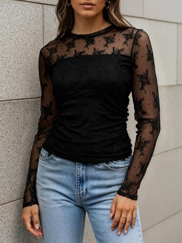 Women’s Lace Long Sleeve Tops Sexy Mesh Sheer Crew Neck Going Out Double Layered Blouse Black - Thumbnail 6