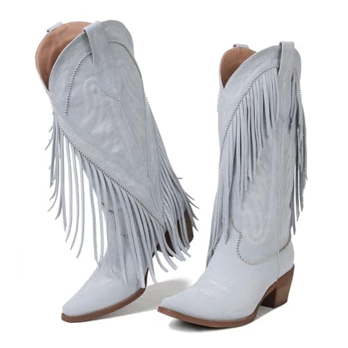 Grakihily Cowgirl Boots for Women Retro Pointed Toe Pull On Block Chunky Heel Embroide Tassel Country Concert Outfits Mid Calf Western Fringe Cowboy Boots,Skyblue Size 10 - Image 1