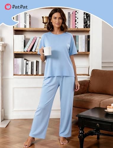 PATPAT Lounge Sets for Women Short Sleeve Pajama Set Soft Comfy Elastic Pjs 2 Piece Loungewear Outfits with Pockets Light Blue, XL - Thumbnail 6