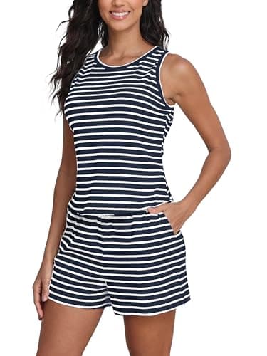 COCOMARTS Womens 2 Piece Sets Striped Sleeveless Tank Tops Matching Shorts Casual Loungewear Pajama Sets Fashion Outfits 2025 Navy Blue Small - Image 1