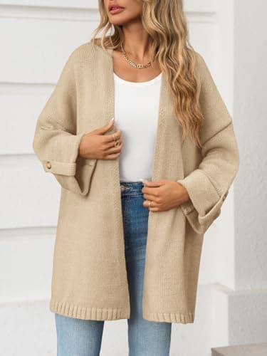 Saodimallsu Womens Oversized Long Cardigan Sweaters Casual Open Front Chunky Knit Slouchy Fall Trendy Sweater Coats Khaki - Thumbnail 3