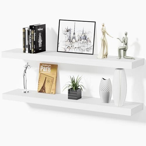 Mifurn Floating Shelves for Wall, Bathroom Shelves Over Toilet, Wall Shelves & Book Shelf for Room, Hanging Shelf, Modern Wooden Mounted Floating Shelves, 36x7x1.5 in (White, Set of 2) - Image 1
