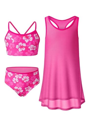 blibean Tween Girls Swimsuit Teen 3 Piece Bathing Suit with Cover Up Big Kids Cute Bikini Set Mesh Tankini Top Summer Boho Floral Swimwear Beach Traje Baño Niñas Size 10-11 Year Old Rose Red - Image 1