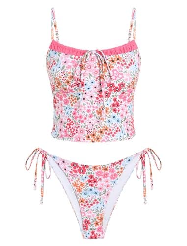ZAFUL Pink Floral Tankini Swimsuits for Womens Cute Tankini Bathing Suits Two Piece Checkered Tankinis Sets Bow Color Block Swimsuits with Tie Side Bottom - Image 1