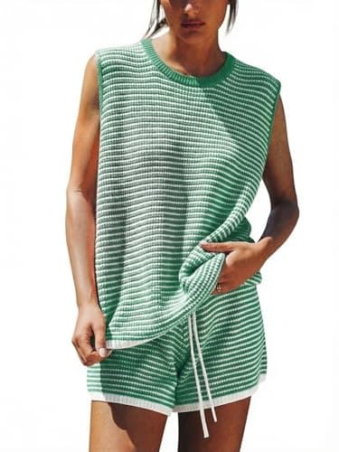 EXLURA Women's Sleeveless Sweater Set 2 Piece Outfits Striped Crewneck Knit Tank Tops and Shorts Summer Sporty Lounge Sets - Image 1