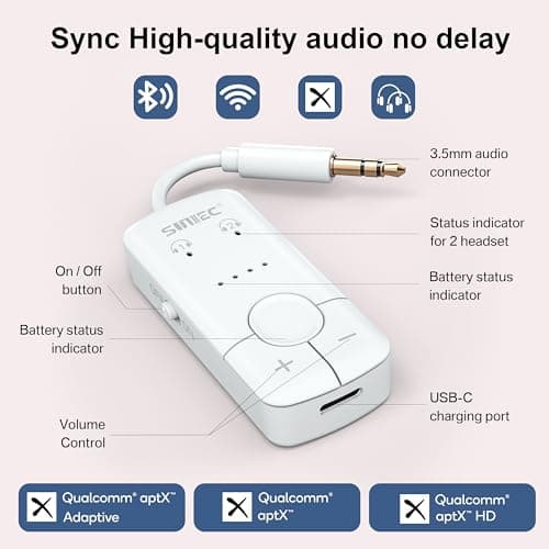 Sunitec Bluetooth Audio Transmitter for Airplane: Bluetooth 5.3 Adapter Supports 2 Headphones or AirPods with AptX Adaptive - 3.5mm AUX Wireless Adapter for Airplane Travel Gym Tablets TV - Thumbnail 4