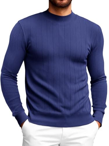 Runcati Mens Mock Turtleneck Sweater Slim Fit Casual Ribbed Knitted Pullover Fall Winter Basic Warm Sweaters Navy - Image 1
