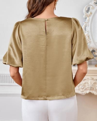 Tankaneo Womens Satin Silk Blouses Puff Short Sleeve Dressy Casual Tops Loose Fit Crew Neck Cropped Shirts Gold - Thumbnail 5