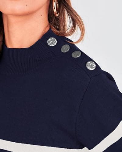 KIRUNDO Fall Sweaters for Women 2026 Striped Turtleneck Ribbed Knit Sweater Trendy Pullover Jumper Winter Fashion Clothing(Small, Navy) - Thumbnail 5