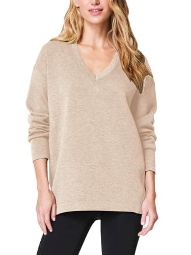 COCOMARTS Womens V Neck Sweatshirts Long Sleeve Casual Shirts Pullover Comfy Tunic Tops 2025 Fall Fashion Outfits Clothes Apricot Small - Image 1