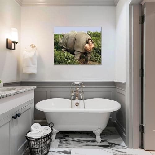 VYPEROCK Funny Framed Canvas Wall Art Bathroom Decor Retro Humor Comedy Ace Ventura Movies Poster Rhino Painting Modern Toilet Artwork for Living Room Dorm Wall Home Decoration, (24x30inch) - Thumbnail 4