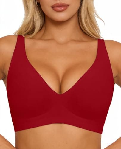 Jelly Wireless Bra Seamless Deep V Push Up T-Shirt Comfortable Plunge No Underwire Bras with Adjustable Straps Everyday Bras Red - Image 1