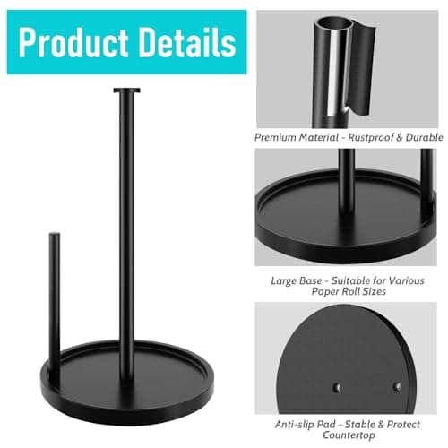 Paper Towel Holder Countertop, Standing Paper Roll Holder with Anti Slip Weighted Base, Stainless Steel Freestanding Paper Towel Holder for Kitchen, Black - Thumbnail 6