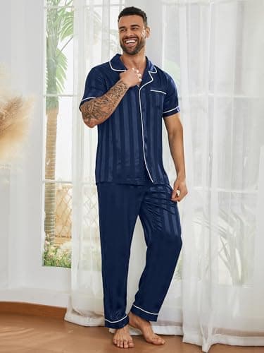 DEARCASE Mens Satin Silky Pajama Set Navy Blue Stripe Medium Short Sleeve Soft Sleepwear Button Down Loungewear Long Pants with Pockets and Drawstring - Thumbnail 4