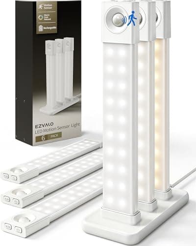 EZVALO 6 Pack LED Under Cabinet Lights Wireless with Charging Station, 8 inch Motion Sensor Light Indoor, 1100mAh Rechargeable, 3 Color Temperatures, Dimmable Closet Lights for Pantry, Hallway, Stair
