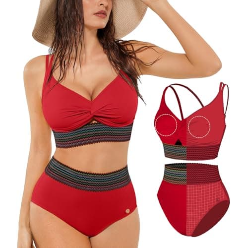 Popilush Tummy Control Swimsuits for Women High Waisted Bikini Sets Shapewear Two Piece Boho Bathing Suit 4 Way Wear Beach and Pool Size XS Color Red - Image 1