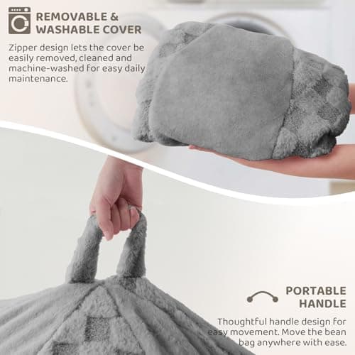 HABUTWAY 4FT Bean Bag Chair Teardrop Beanbag Chair with Memory Foam Filled Soft Plush Leaf alongside Checkboard Bean Bag Sofa with Removable Cover for Living Room,Bedroom-Plush Light Grey - Thumbnail 6