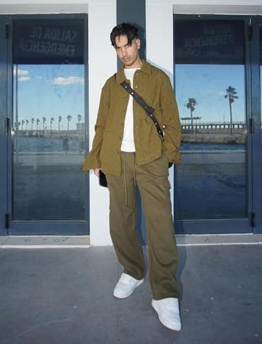 Deyeek Men's Jogger Sweatpants Open Bottom Cargo Sweatpants for Men Baggy Fleece Lined Sweat Pants Thick Cotton Lounge Sweats Olive Green - Thumbnail 3