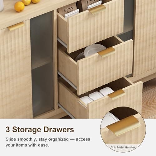 GlouMod Fluted Sideboard Buffet Cabinet with Storage, 47" Modern Mid Century Coffee Bar Storage Cabinet with Doors and Drawers, Narural Oak - Thumbnail 3