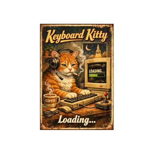 Keyboard Kitty Vintage Tin Sign Funny Cat Wall Decor Retro Computer Art Metal Plaque Geek Humor Loading Quote Coffee Desk Illustration Home Office 8x12 Inch Pre Drilled Holes - Image 1