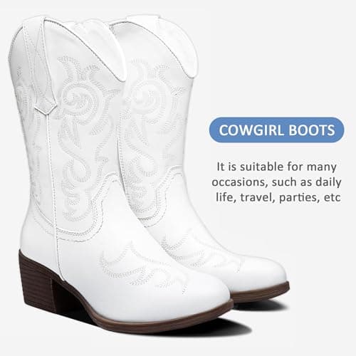 Vepose Women’s White Cowboy Mid Calf Boots, Cowgirl Western Embroidered Chunky Low Heel 9800 Boots with Zipper, Size 11M US, (CJY9800 White 11) - Thumbnail 6