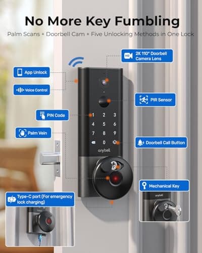 ANYBELL Palm Vein Smart Door Lock, Keyless Entry Door Lock with Camera, Wi-Fi Deadbolt for Front Door, Auto Lock, App Remote Control, Home Secuirty - Thumbnail 3