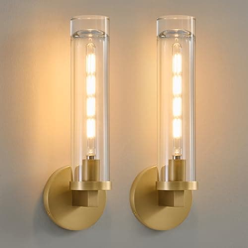 Modern Crystal Brass Gold Sconce: Bathroom Sconces Set of 2 Clear Crystal Glass Tube Brushed Gold Vintage Wall Lamps with Bulb - Luxury Antique Indoor Brass Mirror Vanity Light for Bedroom Living Room - Image 1