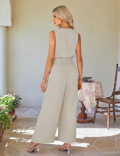 LOOKBOHO Women Sleeveless Jumpsuit Dressy Casual V Neck Wide Leg Pants Romper CuteOne Piece Summer Elegant Outfit(AT,S) - Thumbnail 3