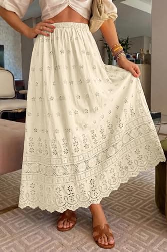 dowerme Women Summer Maxi Skirt Cute Elastic High Waist Boho Eyelet A-Line Cotton Flwoy Long Skirts Spring Clothes 2026(Beige,X-Large) - Thumbnail 4