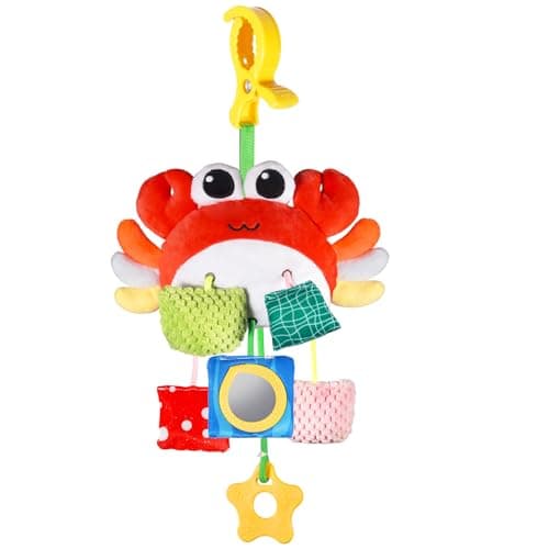 ACGROW Car Seat & Stroller Toys for Baby, Sensory Toy for Babies, Crib Toys Hanging with Clip, Bell, Drawstring, Crinkle, Teether, Carseat Toys for Travel Gift Boys Girls Crab - Image 1