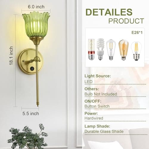 BOXCUPIN Modern Wall Sconces with Green Flower Glass Shade 1 Pack, Mid Century Bathroom Vanity Wall Light Fixtures Gold Vintage Wall Lights with Switch for Mirror Bedroom Living Room - Thumbnail 5