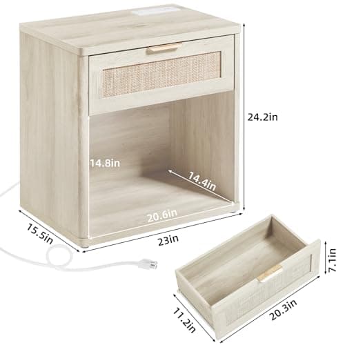 LEYAOYAO Rattan Nightstand with Charging Station, Grey White Night Stand with Drawer, 23" Wide Boho Bedside Table with Storage Shelf, Bed Side End Tables for Bedroom, Living Room, Hallway - Thumbnail 3