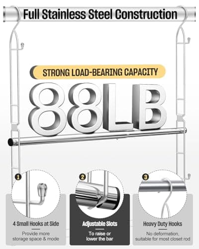 Supforce Hanging Closet Rod Stainless Steel, 1 Pack Adjustable Height & Width Closet Rod Extender, Space-Saving Closet Hanging Storage Organizer，Load up to 88LB - Thumbnail 4