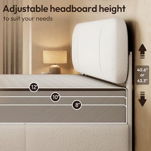 Uteeran King Size Bed Frame with Storage, Boucle Cloud Bed with 4 Locking Drawers & LED Lights, Modern Upholstered Platform Bed, Plush Sides & Footboard, Adjustable Headboard, No Box Spring, White - Thumbnail 6