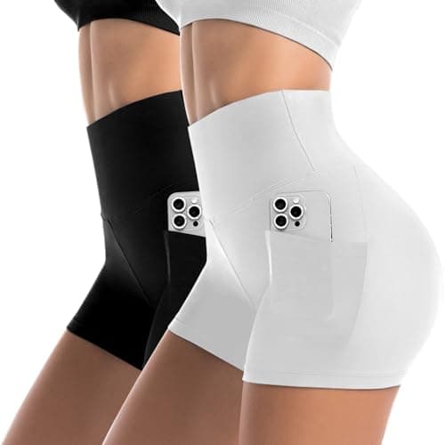 Leafigure 2 Pack Womens Biker Shorts with Pockets - 4" High Waisted Yoga Gym Running Workout Booty Shorts Black/White XXL - Image 1