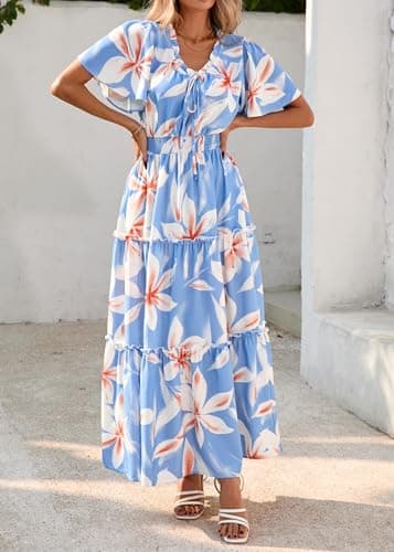 KIRUNDO Spring Summer Wedding Guest Dresses for Women 2026 Boho Floral Short Sleeve V Neck Ruffle Tiered Flowy Maxi Dress(Sky Blue, XX-Large) - Thumbnail 5