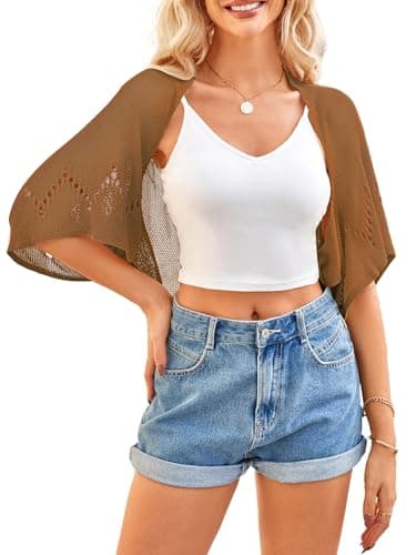 BB&KK Women's Summer Crochet Sweaters Hollow-Out Batwing Short Sleeve Lightweight Open Front Shrug Bolero Cardigans Light Brown XL - Image 1