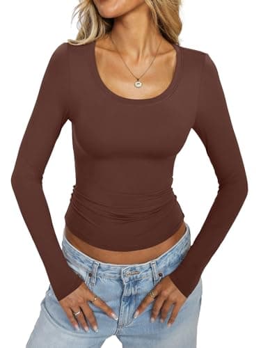 EasyGala Womens Double Lined Scoop Neck Long Sleeve Shirts Fitted Basic Tee Y2k Going Out Tops Fall Clothes Fashion Trendy Stretchy Lightweight Soft T Shirts 2025 Brown X-Small - Image 1