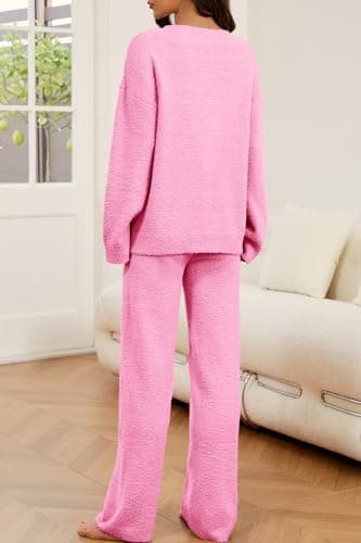 GKBK Lounge Sets for Women 2 Piece Fuzzy Fleece Pajamas Long Sleeve Oversized Lounge Set 2025 Fall Winter Trendy Pink L - Thumbnail 3