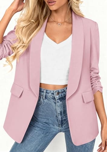PRETTYGARDEN Women's 2026 Spring Blazers Business Casual Outfits Open Front Ruched 3/4 Sleeve Lightweight Work Suits Jackets (Pink,X-Small) - Thumbnail 5