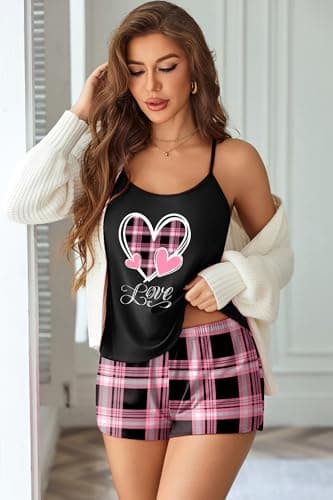 Ekouaer Womens Summer Pink Cami Tank & Plaid Shorts Criss-Cross Back Heart Print 2-Piece Loungewear - Thumbnail 5