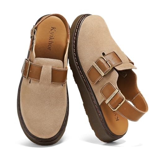 KYIKHOR Women's Suede Leather Loafer Slip-Ons|Genuine Suede Clogs for Women|Comfort Footbed Leather Mules Potato Shoes with Back Strap|Cute Office Casual Dress Shoes Taupe,6 M US - Image 1