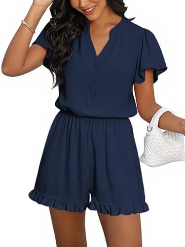 ECOWISH Womens Shorts Rompers Summer Button Short Flare Sleeve Ruffle Wide Leg Mini One Piece Jumpsuits Pockets V Neck Outfit 86 Navy Blue M - Image 1